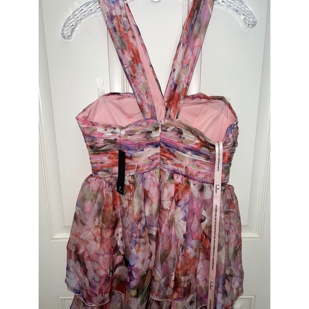 Lulus Dayanara Pink Multi Floral Fairycore Prom Tiered Maxi Dress Sz M - Picture 7 of 7